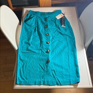 Chaus Vintage Vibrant  100% silk Teal Button-Front Midi Skirt
